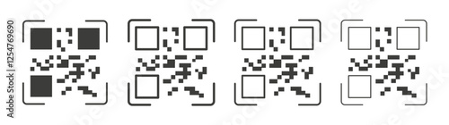 Qrcode icons set. Liner outlined and flat black color