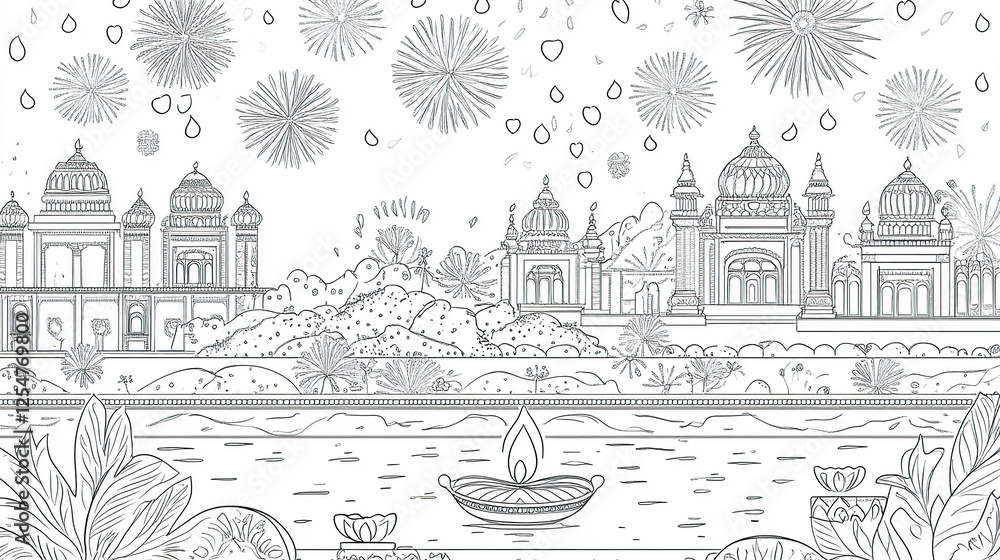Obraz premium Intricate Diwali Festival Coloring Page with Fireworks