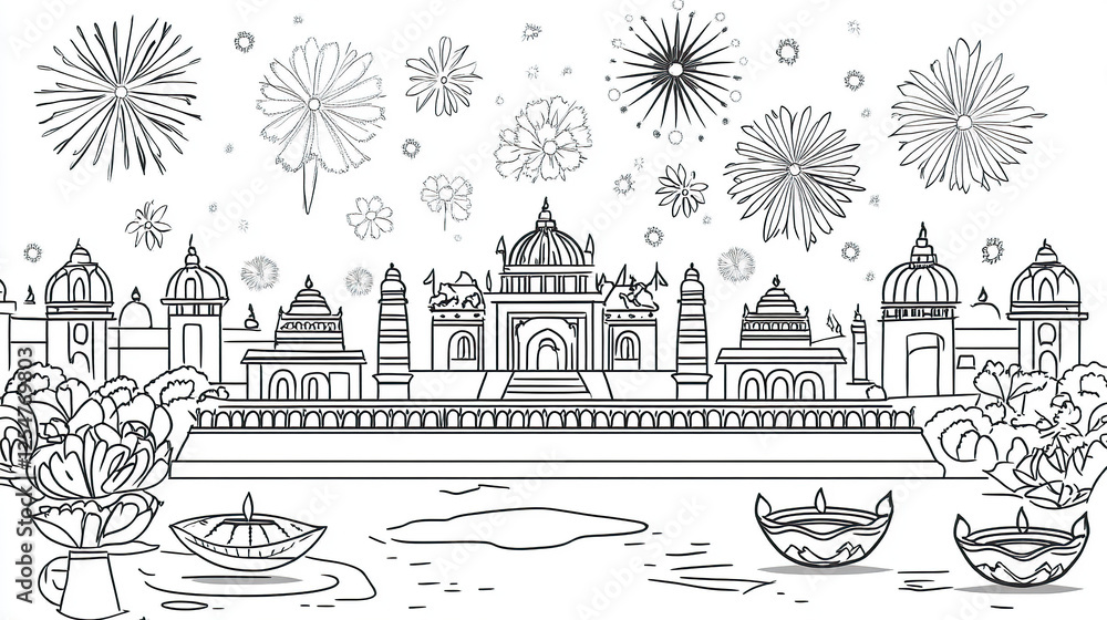 Obraz premium Diwali Festival Coloring Page with Fireworks and Temples