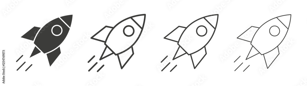 Rocket launch icons set. Liner outlined and flat black color Rocket launch icons set. Liner outlined and flat black color