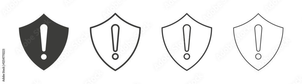 Shield exclamation icons set. Liner outlined and flat black color Shield exclamation icons set. Liner outlined and flat black color