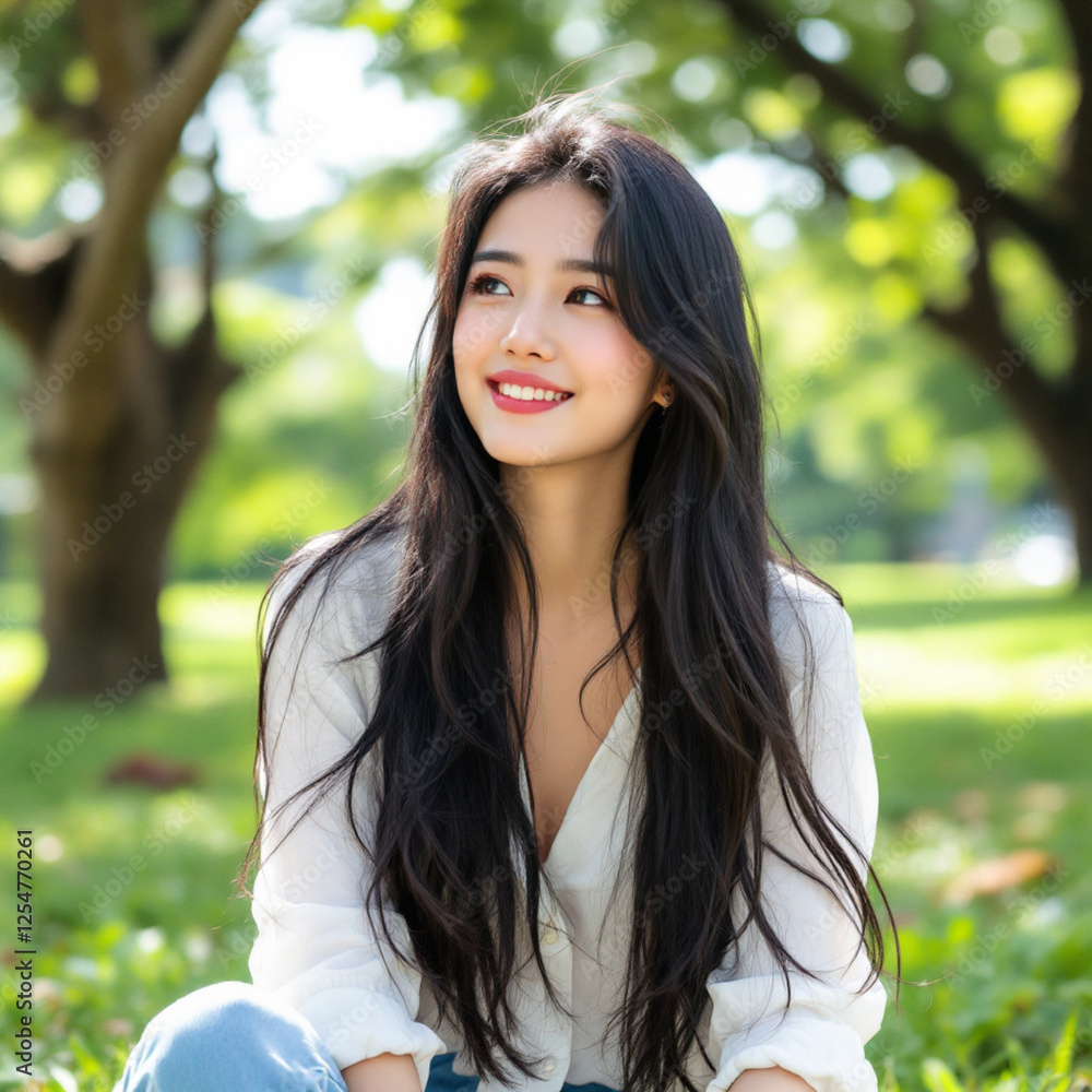 Peaceful Woman Smiling in a Sunny Green Park Peaceful Woman Smiling in a Sunny Green Park