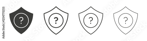 Shield interrogation icons set. Liner outlined and flat black color