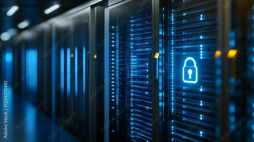 Secure Data Center with Lock Icon and Blue LED Lights Representing Cybersecurity and Digital Protection Secure Data Center with Lock Icon and Blue LED Lights Representing Cybersecurity and Digital Protection