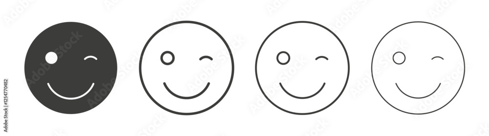 Smile wink icons set. Liner outlined and flat black color Smile wink icons set. Liner outlined and flat black color