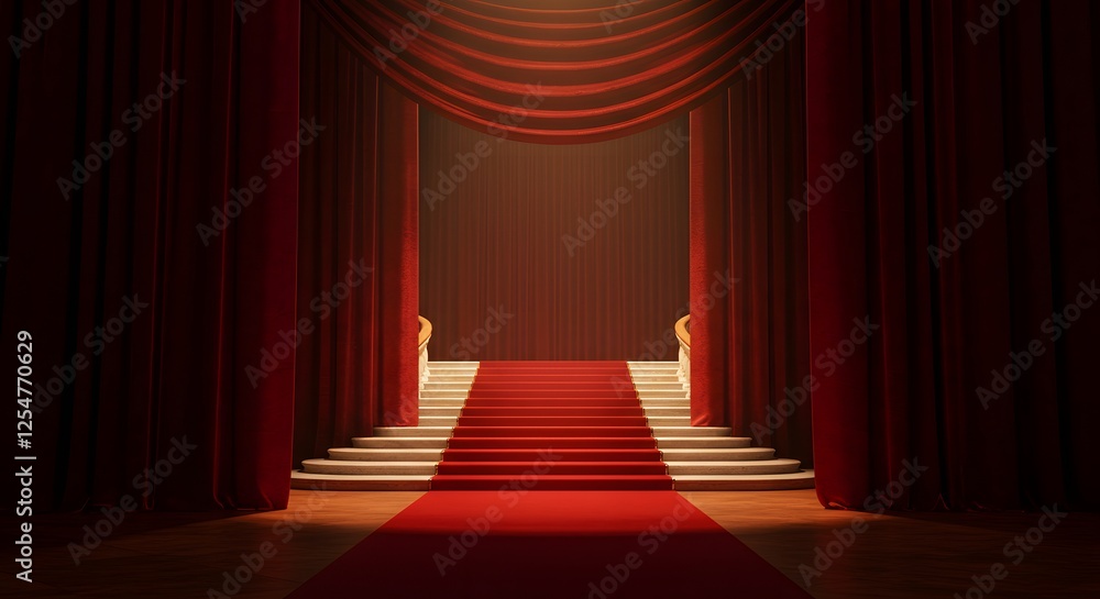 Fototapeta premium Red Carpet Leading to Stage with Velvet Curtains and Soft Lighting