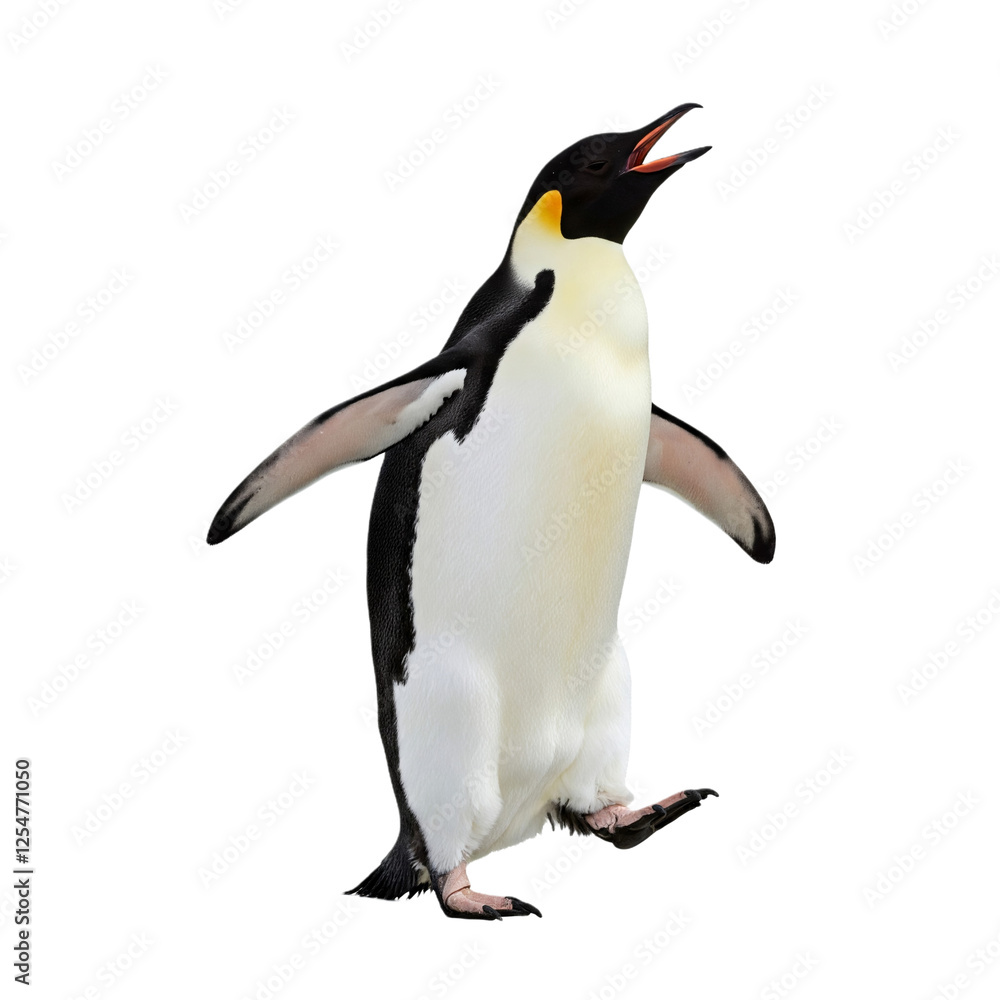 Obraz premium Charming penguin dancing on a clean white background—perfect for adding whimsy and joy to your creative projects