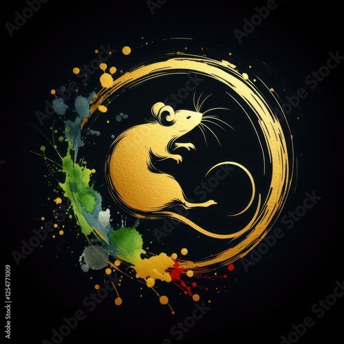 Golden Mouse in a Dynamic Abstract Circle with Splatter Effects with Generative AI. photo