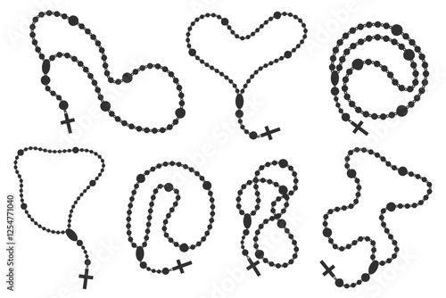 Catholic rosary beads. Christian necklace with cross isolated on white background. Prayer chain with crucifix. Set of religious jewelry silhouettes. Vector illustrations