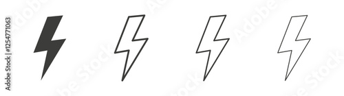 Thunder bolt icons set. Liner outlined and flat black color