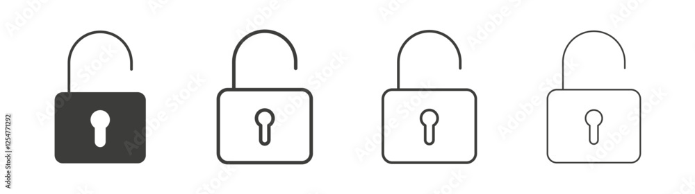 Unlock icons set. Liner outlined and flat black color Unlock icons set. Liner outlined and flat black color