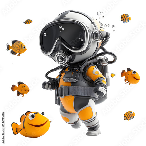 Cute scuba diver with fish, transparent background.  A miniature diver explores underwater, encountering colorful clownfish playfully amidst bubbles photo