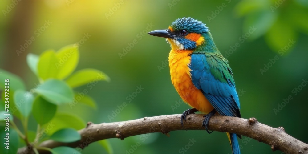 Vibrant Tropical Bird Perched on a Branch in Lush Greenery, Displaying Striking Blue, Green, and Orange Plumage Vibrant Tropical Bird Perched on a Branch in Lush Greenery, Displaying Striking Blue, Green, and Orange Plumage