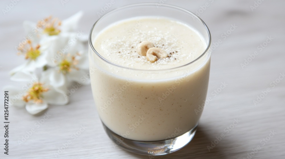 A creamy beverage in a glass, topped with a sprinkle of spices and a cashew, alongside delicate white flowers. A creamy beverage in a glass, topped with a sprinkle of spices and a cashew, alongside delicate white flowers.
