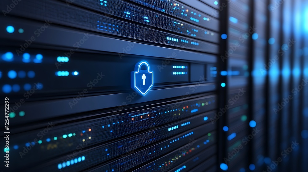 Secure Data Storage with Locked Padlock Symbol on Server Rack Highlighting Cybersecurity Concepts Secure Data Storage with Locked Padlock Symbol on Server Rack Highlighting Cybersecurity Concepts