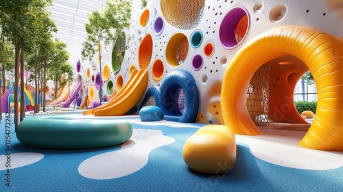 Colorful playground with soft structures and playful designs for children.