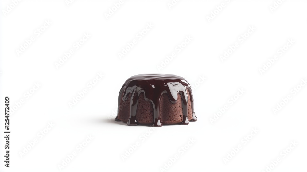 Obraz premium A luxurious molten chocolate lava cake with a glossy exterior, placed on a simple white background.