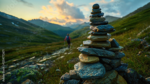 Serene mountain trail with a hiker and a stone cairn at sunset in a lush landscape