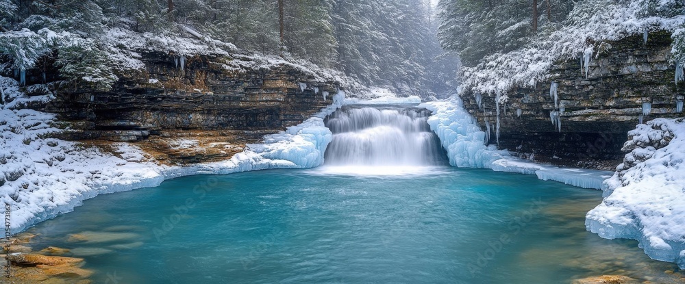 Naklejka premium Frozen Waterfall In Snowy Mountain Landscape