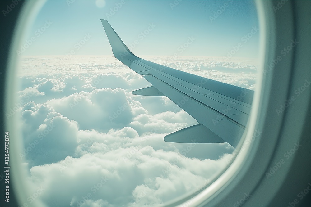 Fototapeta premium Traveler enjoys a serene view from the airplane window above the clouds