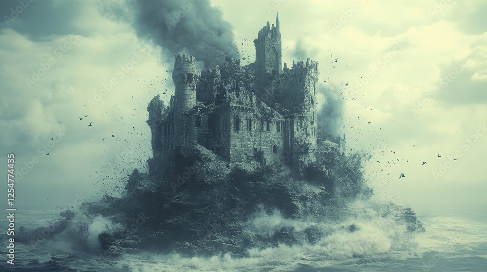 Fototapeta premium Mystical castle amidst tumultuous waves and stormy sky.