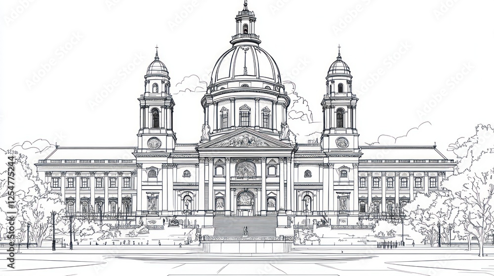 Church architectural sketch, city square, trees, design Church architectural sketch, city square, trees, design