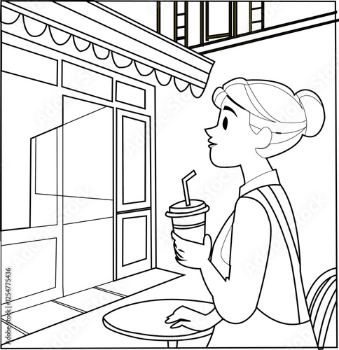 A woman sitting in a coffee shop drinking coffee - this is a vector design in Illustrator. Arranged in clean layer paths. Easy to edit colors will be enjoyable for users.