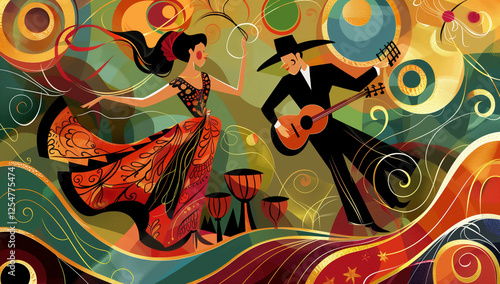 Two Hispanic dancers and musicians in Mexican costumes, sombrero hat and mariachi attire gracefully moving and dancing to the Latino music. Two Latin-american performer making sound wit instruments.