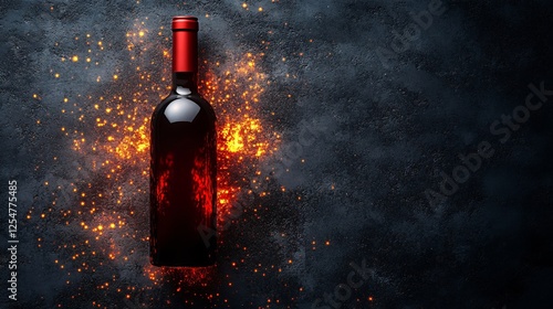 Dramatic Red Wine Bottle with Fiery Explosions on a Dark Background
