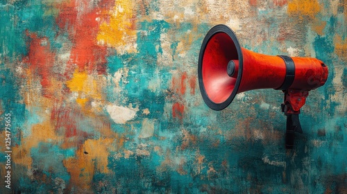 Red megaphone against a colorful textured wall, ideal for communication themes. photo