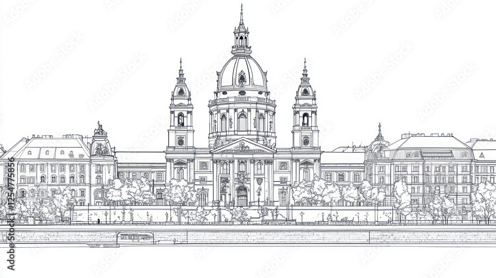 Baroque church riverside cityscape sketch, tourism brochure