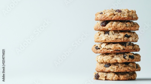 A stack of freshly made oatmeal cookies with raisins, placed neatly on a plain white surface. --chaos 20 --ar 16:9 --quality 2 --v 6.1 Job ID: b25543a5-f734-433a-9576-bce7a86b5ea6