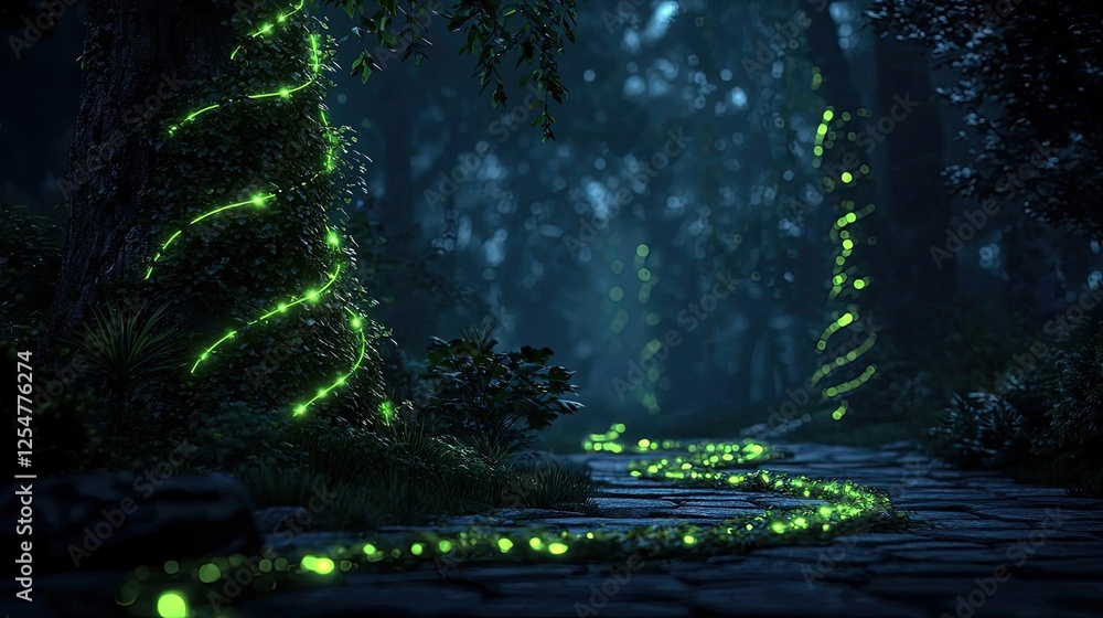 Obraz premium Glow forest idea. A mystical forest path illuminated by glowing green vines and serene surroundings.
