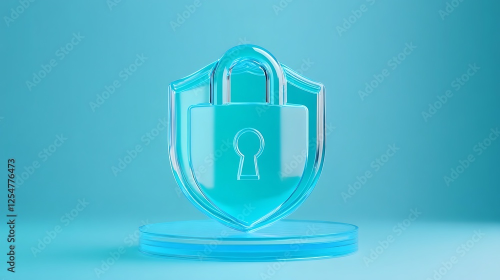 Transparent digital security shield with a lock symbol on a soft blue background in a 3D illustration design Transparent digital security shield with a lock symbol on a soft blue background in a 3D illustration design