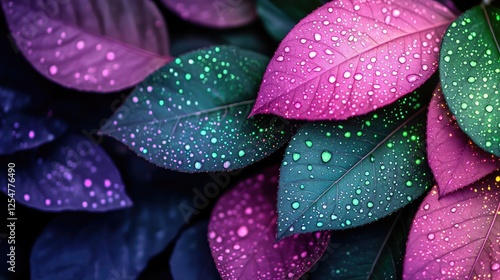 Glow forest concept. Colorful leaves with droplets, showcasing nature's beauty and vibrant colors.