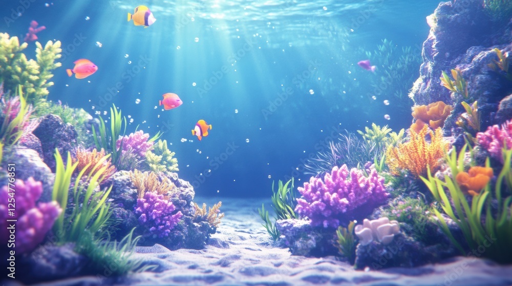 Fototapeta premium Vibrant coral reef teeming with tropical fish in crystal clear water during a sunny day. Generative AI