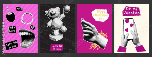 Valentine's Day collage posters with halftone effect. Statuette, lips, cherry, ring. Trendy vector illustration.