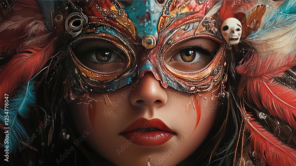 A close-up of a girl's face wearing an elaborate carnival mask with a blend of colors, feathers, and intricate designs. A close-up of a girl's face wearing an elaborate carnival mask with a blend of colors, feathers, and intricate designs.