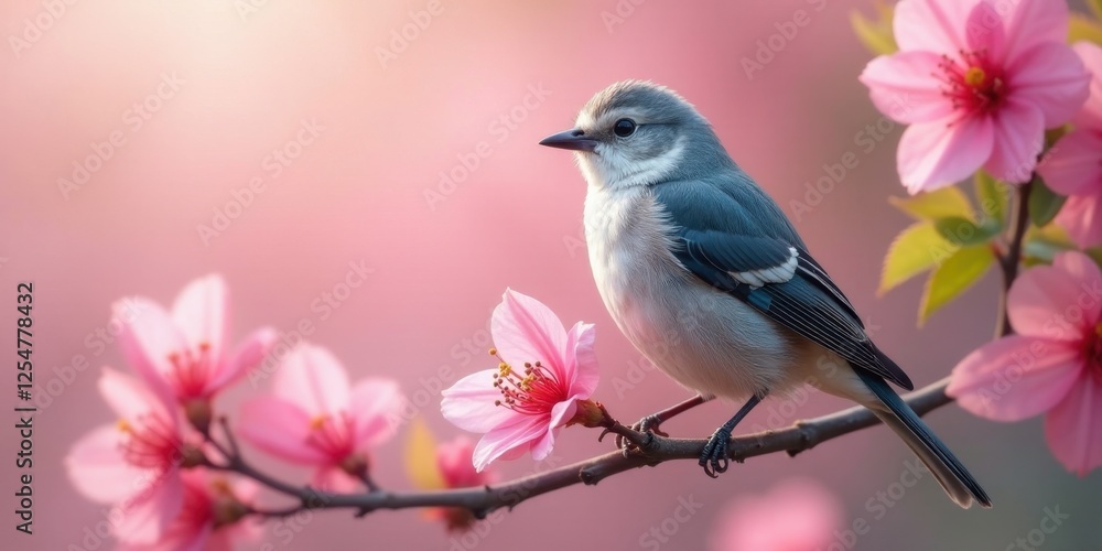 A Serene Avian Perched on a Delicate Branch Adorned with Blossoms, a Symbol of Spring's Gentle Arrival A Serene Avian Perched on a Delicate Branch Adorned with Blossoms, a Symbol of Spring's Gentle Arrival