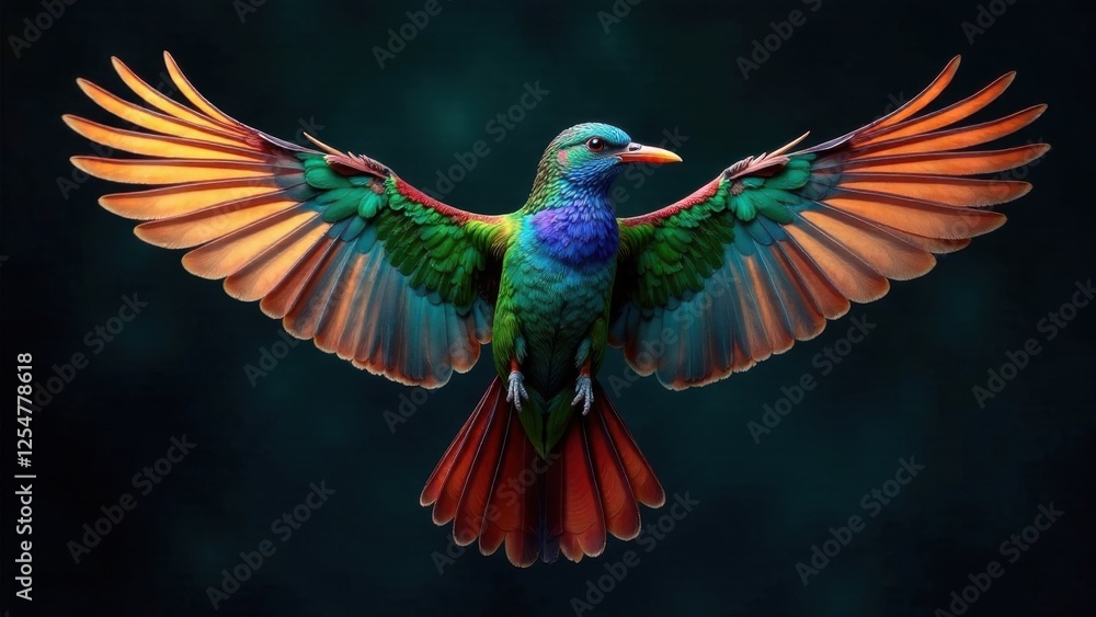 Fototapeta premium A Vibrant, Multicolored Avian Wonder in Flight, Wings Spread Wide, Displaying a Symphony of Hues Against a Dark Background