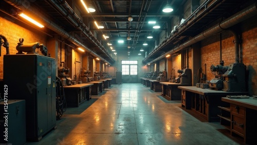 Wallpaper Mural Industrial Workshop Rows of Vintage Machinery Under Dim Lighting in a Brick Building Torontodigital.ca