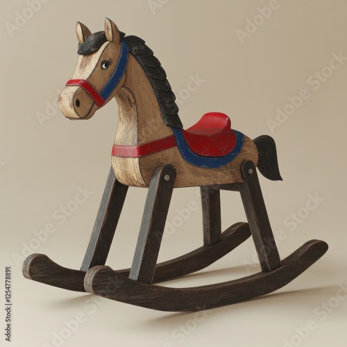 Wooden rocking horse toy, beige and brown, on light background, for children's room decor photo