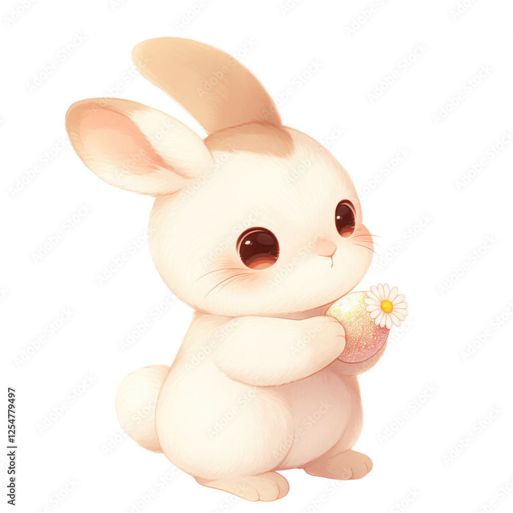 A cute, white rabbit holding a small flower, featuring large expressive eyes and a playful pose. A cute, white rabbit holding a small flower, featuring large expressive eyes and a playful pose.