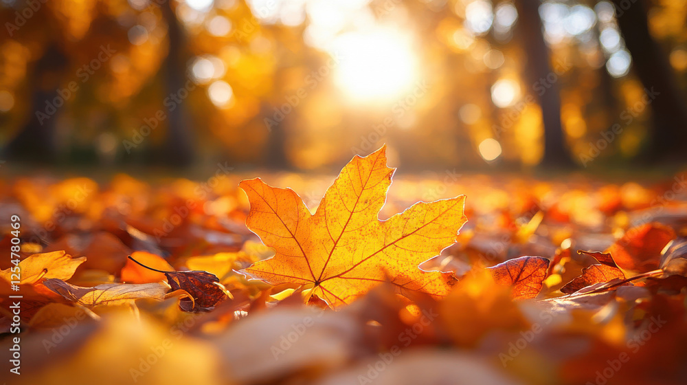 Golden autumn leaf on the ground with warm sunlight peaceful seasonal nature background perfect for fall photography and nostalgic aesthetic themes Golden autumn leaf on the ground with warm sunlight peaceful seasonal nature background perfect for fall photography and nostalgic aesthetic themes