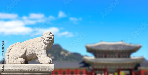 Photography Horizontal banner with stone statue of mythical creature at the Gwanghwamun Gate, Gyeongbokgung palace, Seoul, South Korea