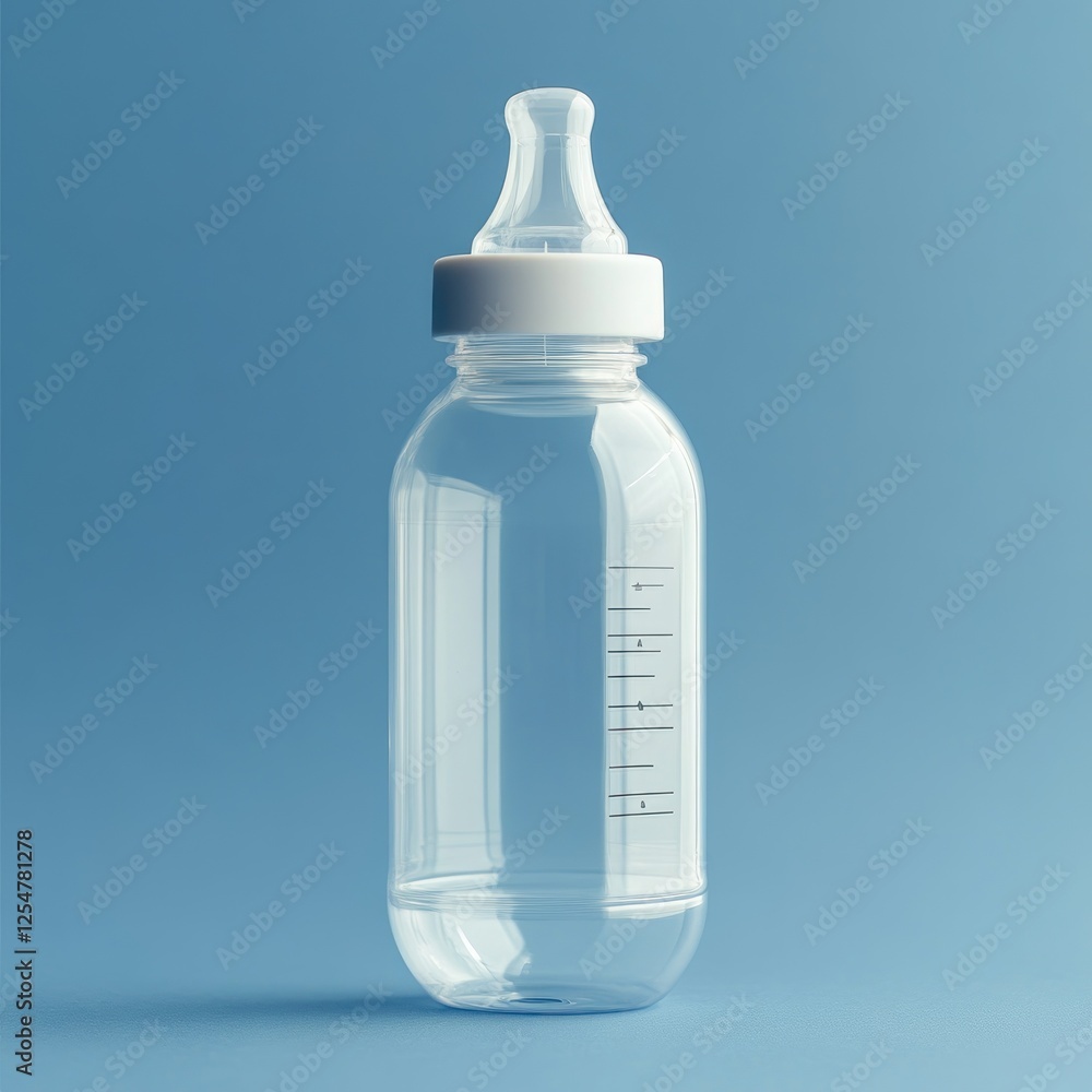Empty baby bottle, studio shot, blue background, infant feeding Empty baby bottle, studio shot, blue background, infant feeding