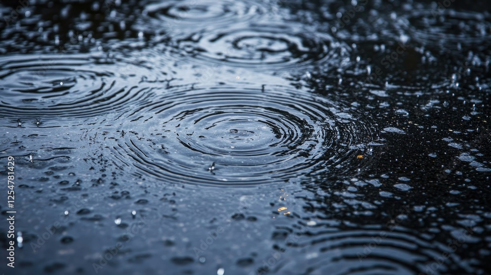 A close-up of wet pavement in the city at night, with rain drops creating ripples in the reflective surface. A close-up of wet pavement in the city at night, with rain drops creating ripples in the reflective surface.