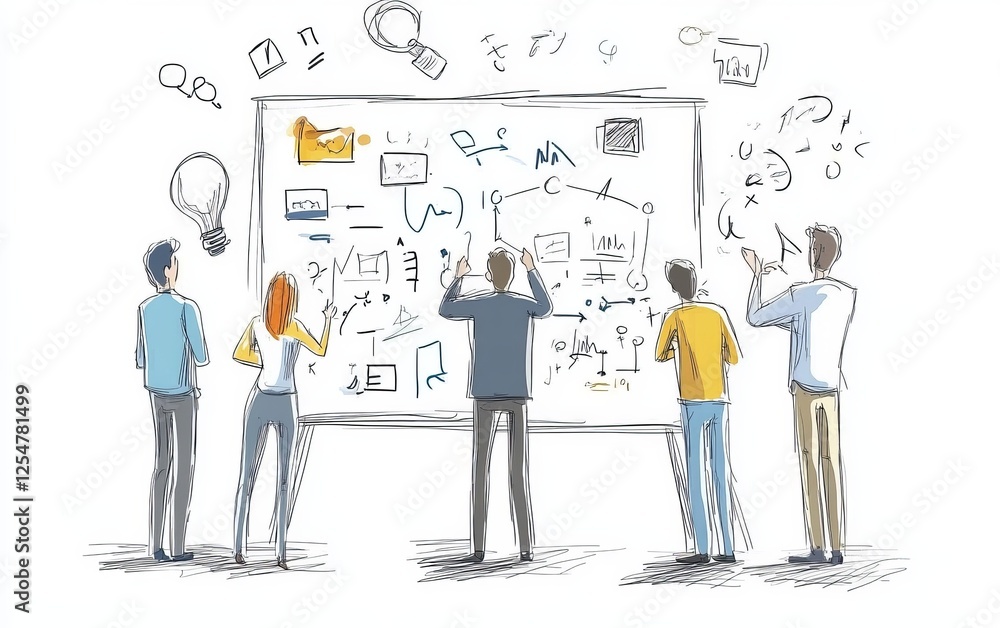 Team brainstorming ideas on whiteboard, office background, problem-solving session, project planning