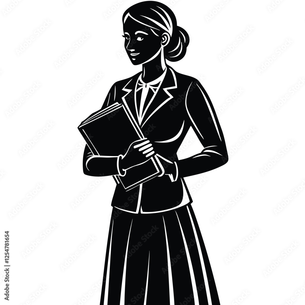 A silhouette of a female teacher standing gracefully, holding a book A silhouette of a female teacher standing gracefully, holding a book