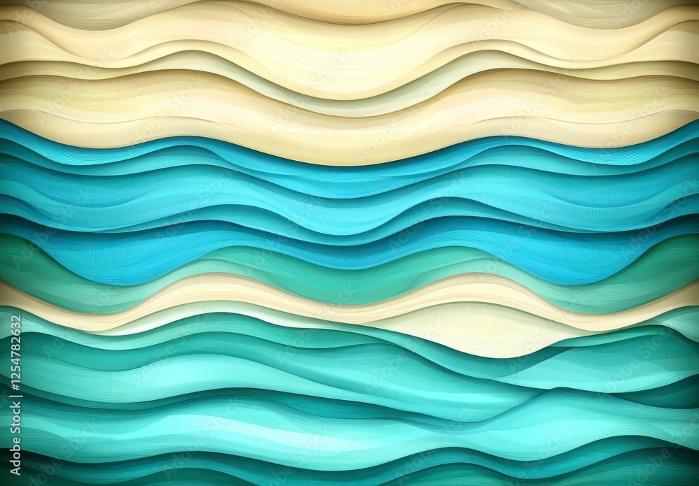 Abstract wavy layered design featuring horizontal bands of light beige, teal, and light blue. Each layer creates a textured wave effect, suggesting Abstract wavy layered design featuring horizontal bands of light beige, teal, and light blue. Each layer creates a textured wave effect, suggesting